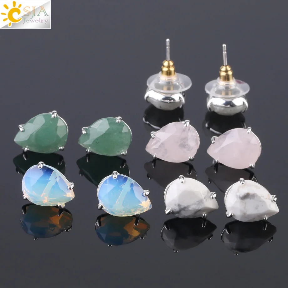 

CSJA natural gemstone amethyst stone stud earring quartz jewelry crystal earrings women G035