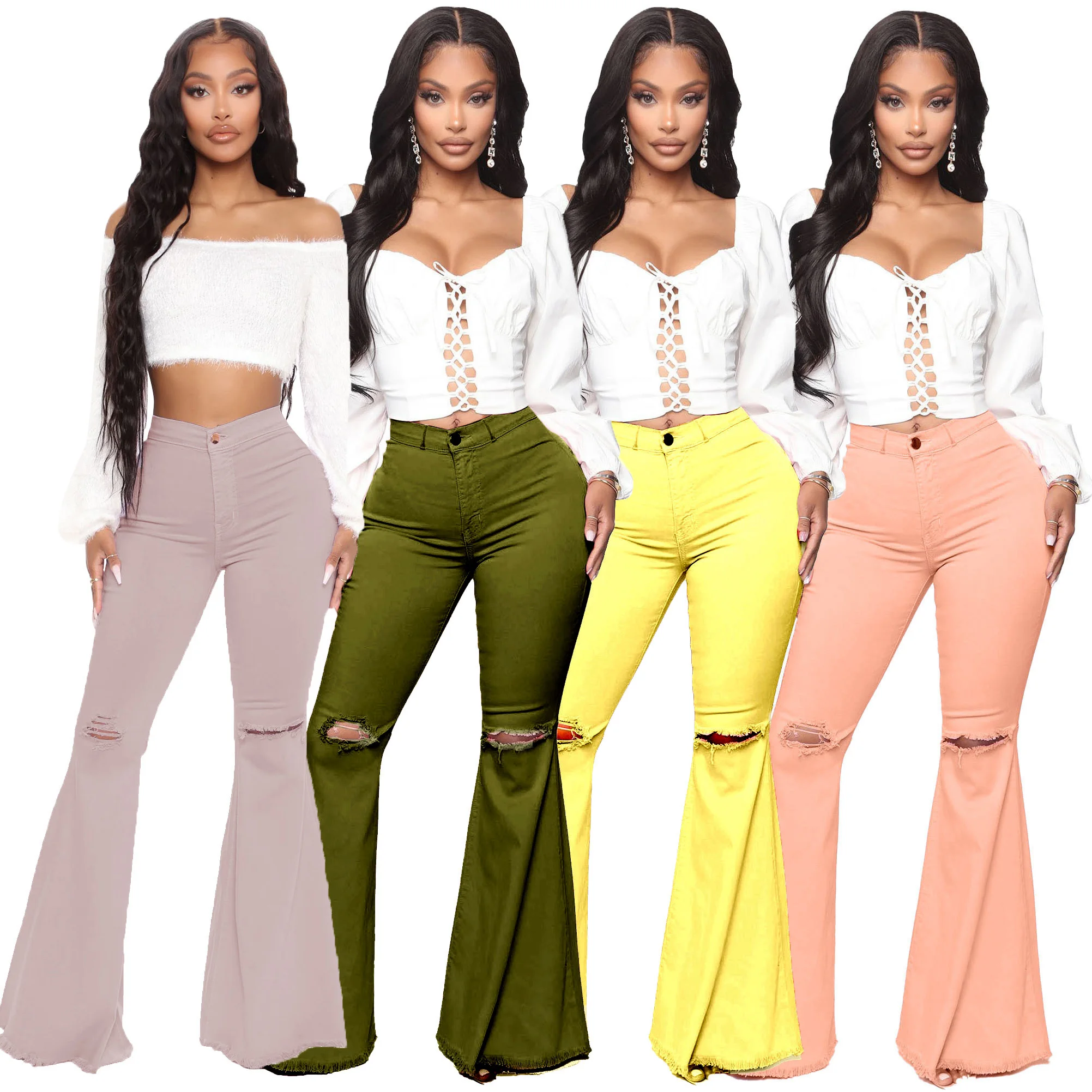 

Hot Sale Fashion Denim High Waist Pants Buttons Zipper Wide Leg Hole Elasticity Flare Pants Women's Jeans, Orange, army green, yellow, lavender