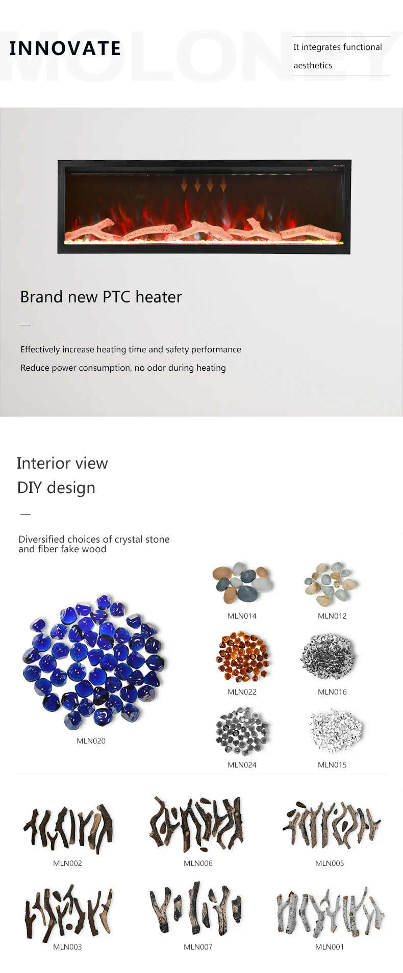 Wall Electric Cheminee Insert Electric Firebox With Crystal Decoration