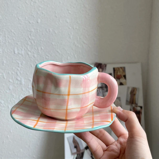 

INS Handmade Floral Pattern Coffee Cup and Saucer Set Vintage Ceramic Mug