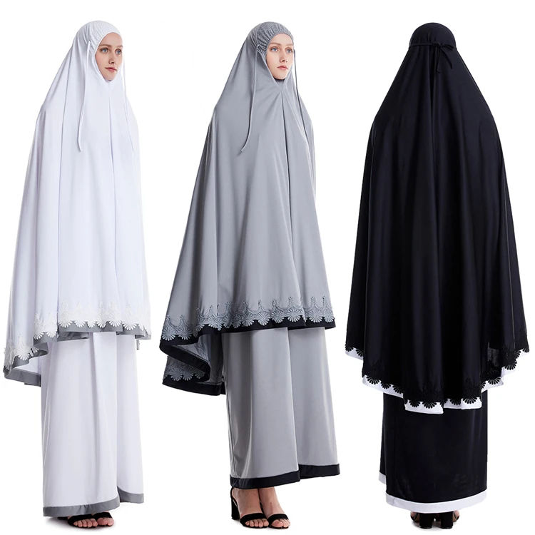 

HJ EMDR37 Dubai Abaya Middle East 2 Piece Women Prayer Dress Telekung Prayer Robe Muslim Clothing, Black/white/gray