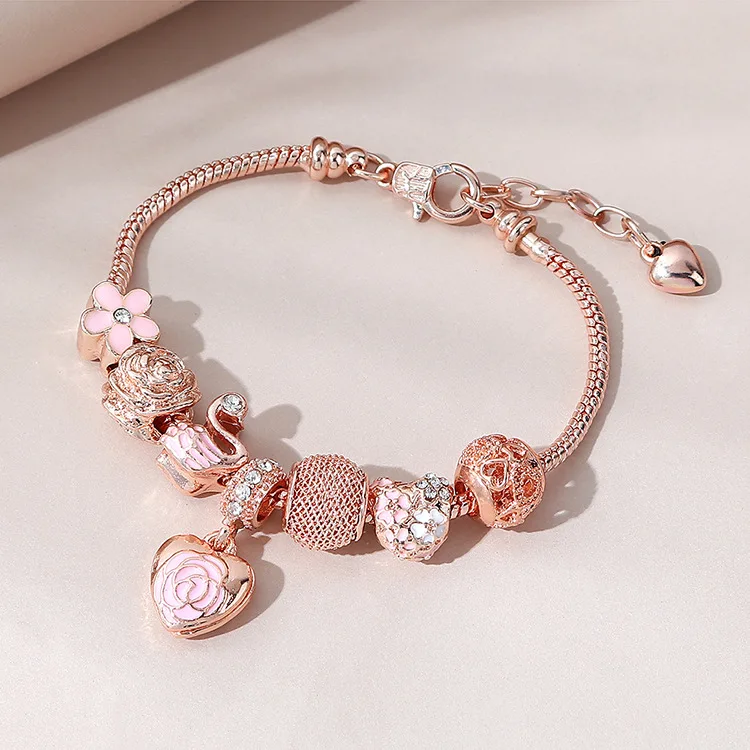 

European and American Drop Oil Rose Heart Beads Bracelet Fashion Delicate DIY Painting Oil Flower Crystal Beads Bracelet