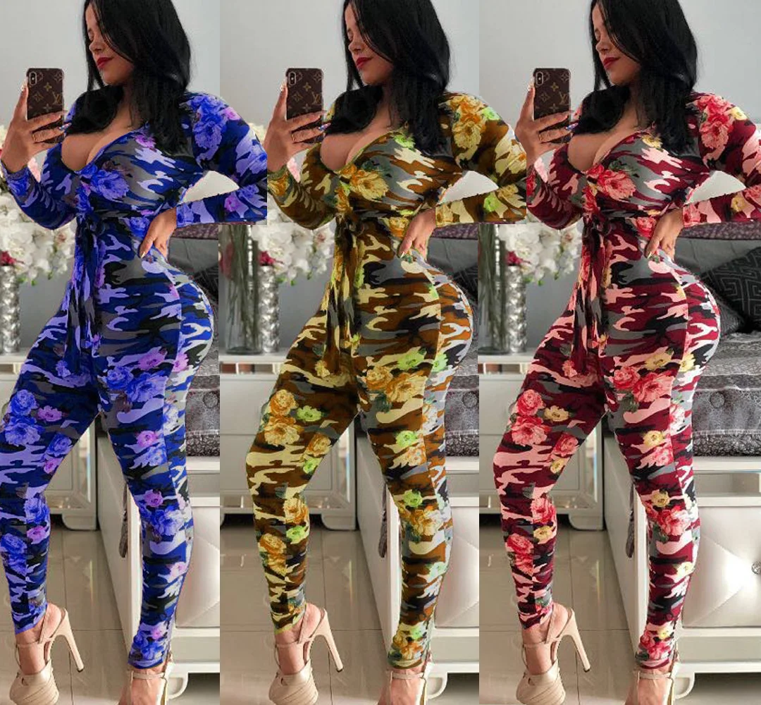 

Popular style new arrival Camouflage printing V-collar Sexy tight casual jumpsuit, As picture shows