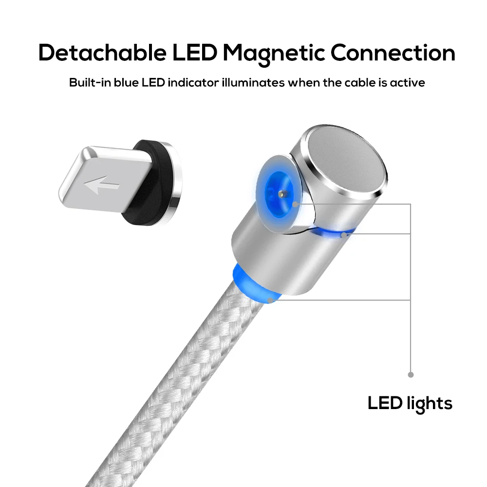 
Custom Logo AM30 1M 90 Degree Nylon Weave LED Magnetic Charging Cable For 8 Pin 