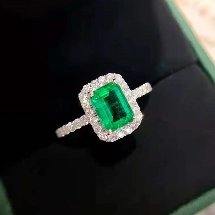 

Customized women 14K gold white moissanite halo engagement wedding ring 1.0 carat vivid green emerald ring