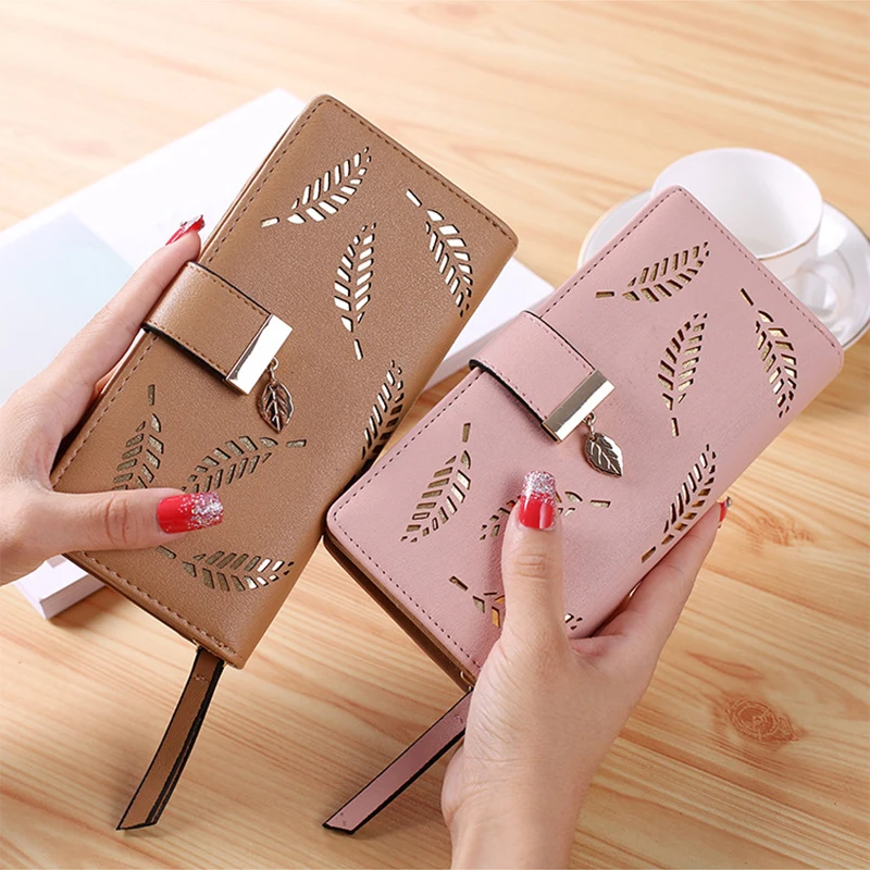 

PU Leather Female Long Wallet Gold Hollow Leaves Pouch Handbag For Women Coin Purse Card Holders Clutch