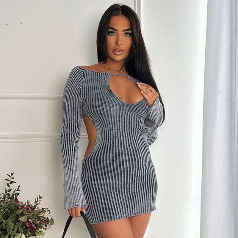 

Knitting Long Sleeve Hollow Out Backless Mini Women Dress 2023 New Autumn Winter Wholesale Dropshipping Casual Clothes