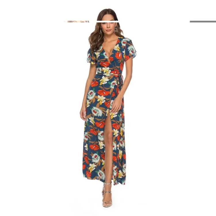 

Customized high quality summer womens high split cut sexy polyester bohemian v-neck maxi print dress