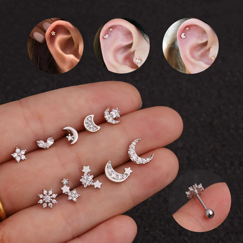 

Star moon tragus piercing stud earrings stainless steel zircon helix ear septum piercing jewelry wholesale