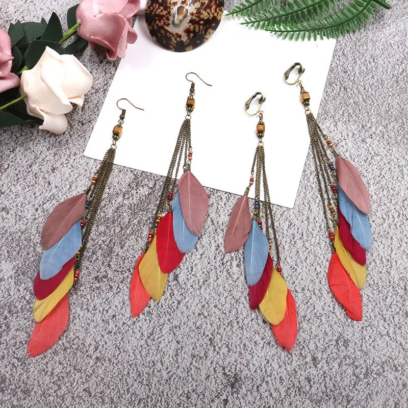 

Wholesale High Quality Hot Sale Long Tassel Earrings Bohemia Metal Feather Earring, 6 colours