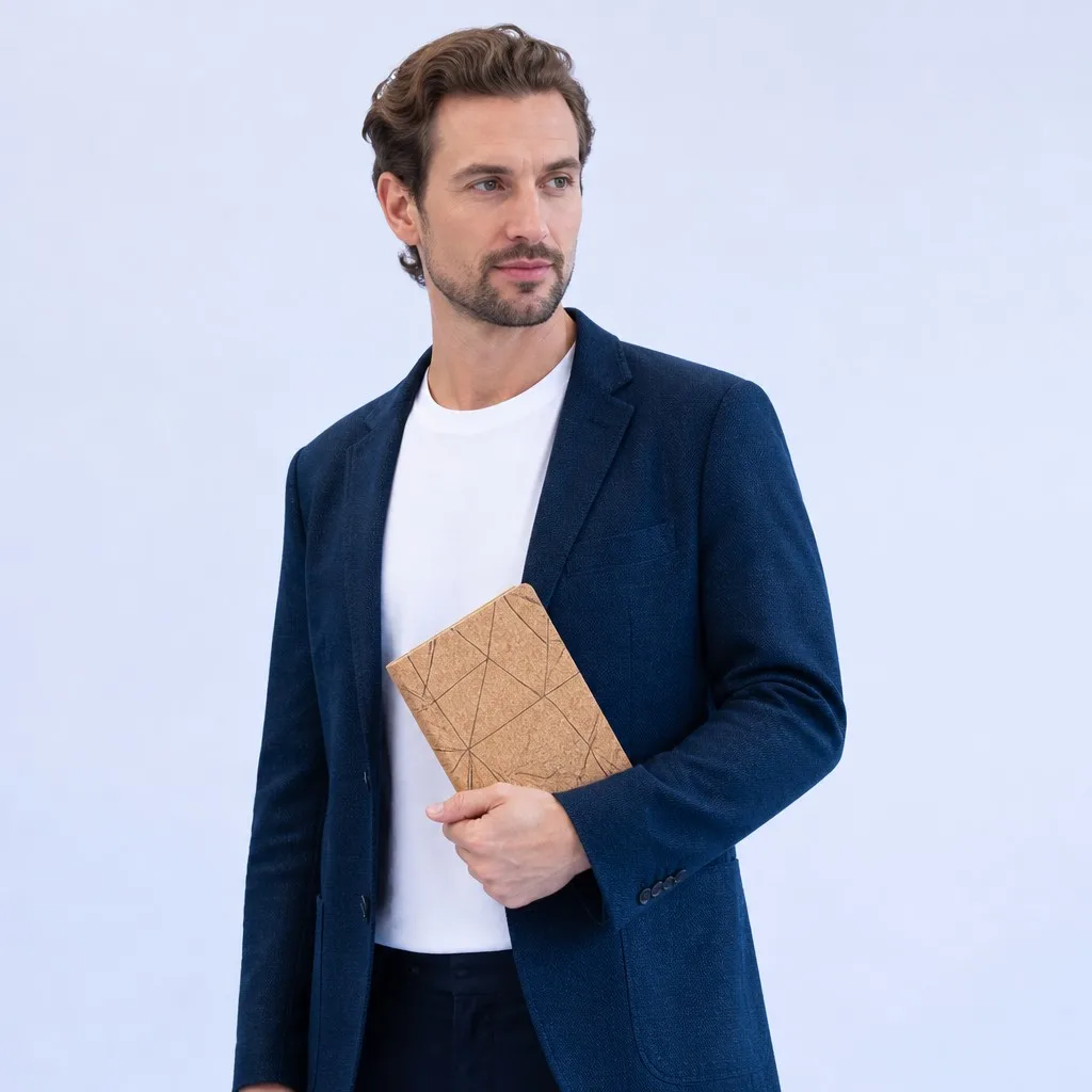 Professional young man holding geometric cork notebook