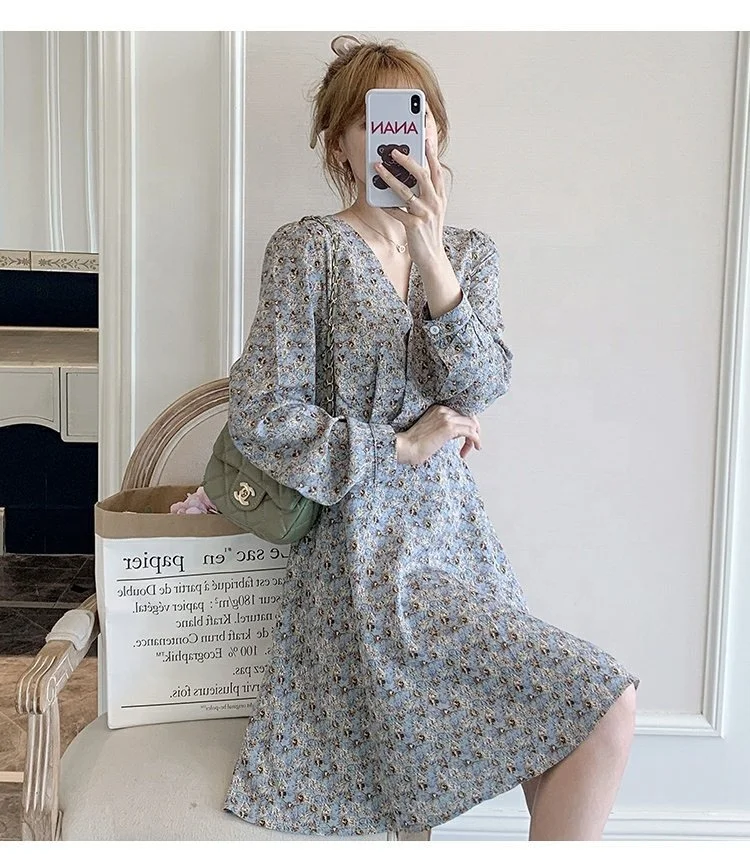 

Spring elegant blue pink color high waisted V neck chiffon long sleeve flower dress