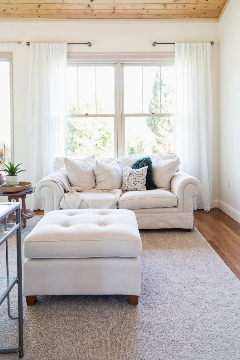 Tall fiddle leaf fig tree behind a sofa
