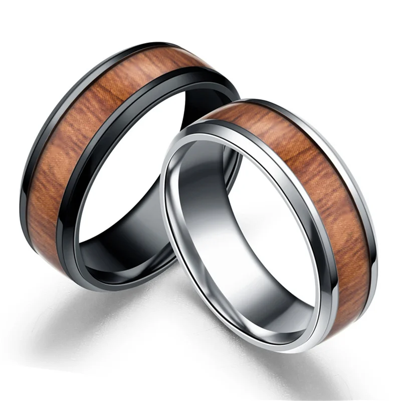 

Black Men Ring Wood Inlay Stainless Steel Rings 8mm Vintage Wooden Ring Wedding Engagement Jewelry Wholesale Punk Unique