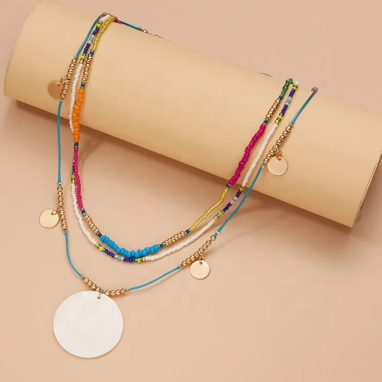 

Bohemia Hot Selling Fashion Jewelry For Women Long Colorful Seed Beads Sweater Necklace Gold Plated Round Disc Pendant Necklaces