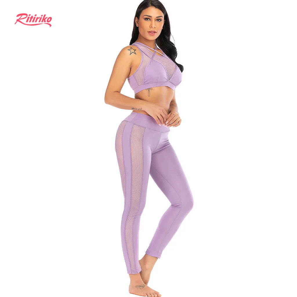 

Deporte 2021 Summer Mujer Gym Joggers Sexy Mesh Patchwork Hot Sexy xxx Yoga Bra Corset Butt Lift Leggings Two Piece Pants Set, Black, purple