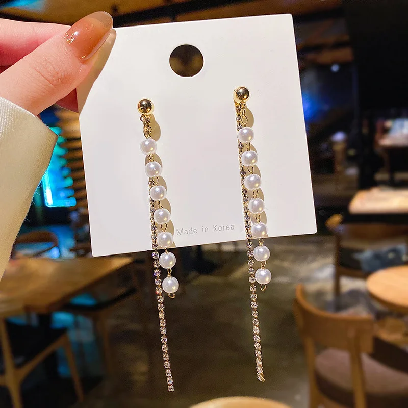 

S925 Silver Needle Long Chain Pearl Earrings Korean 2021 New Personalized Fashion Boho Jewelry Gold Plated Jewellery Gift