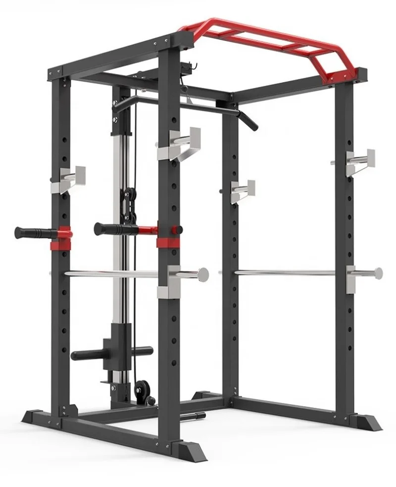 

Commercial Fitness Multifunctional Power Cage Home Use Gym Equipment Smith Machine Power Rack Squat Rack, Black+red