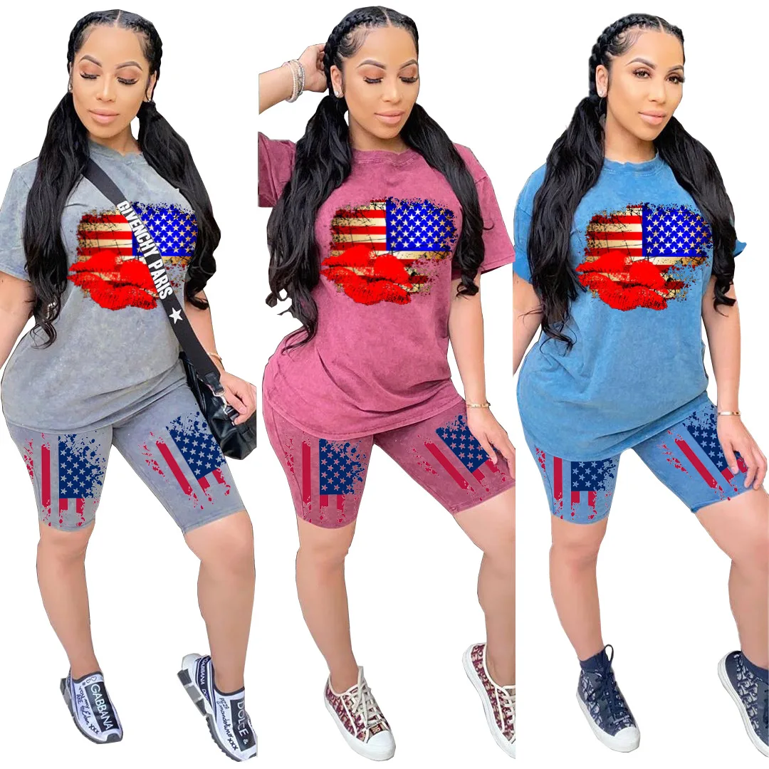 

F21342A 2020 new design Independence Day National Day printing casual two-piece short women set, Red, gray, blue