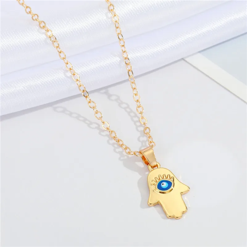 

Newest Arrival Real Gold Plated Link Chain Evil Eyes Pendant Necklace Turkish Blue Lucky Devi Evils Hand Shape Necklace