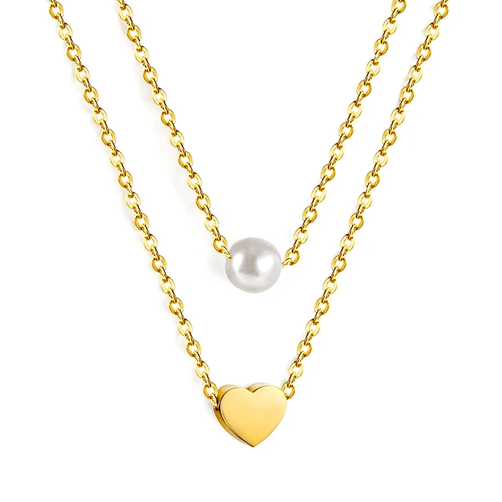 

fashion jewelry Pearl Stainless Steel Hypoallergenic heart 18K Gold Plated wedding Necklaces jewelry set for woman