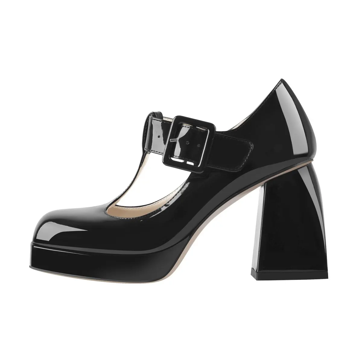 

top fashion women's high heel shoes square toe T-Type black chunky heels pumps ladies shoes