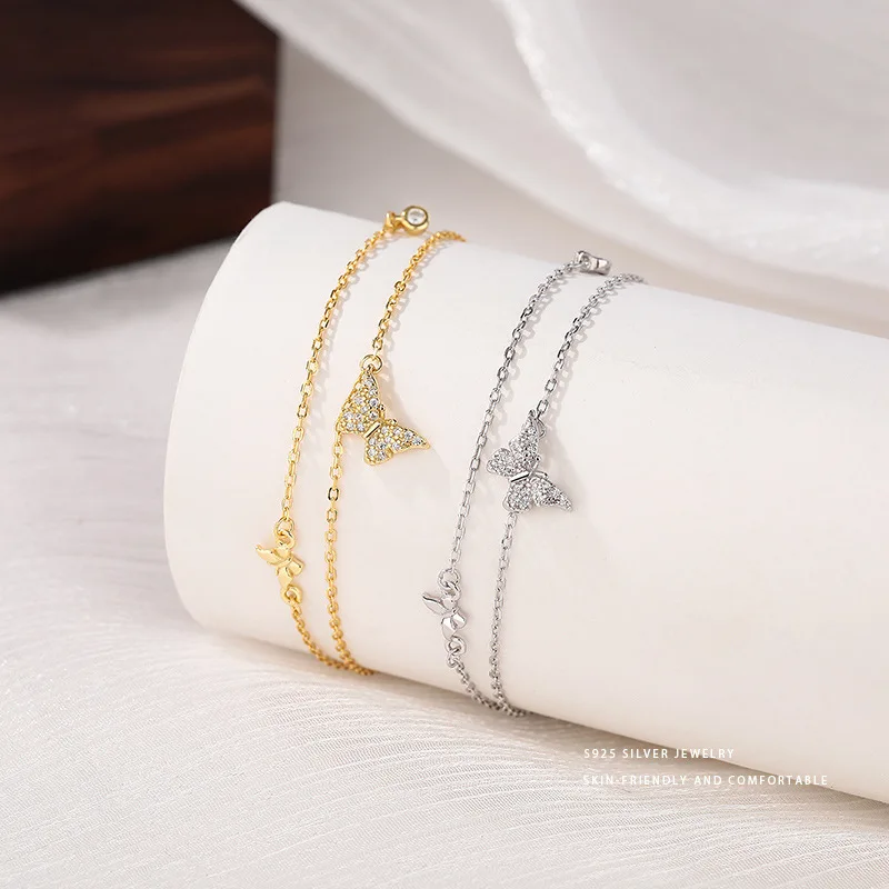 Fashion High Quality Jewelry 925 Sterling Silver Two Layer butterfly Chain Diamond Zircon Gold Plated Bracelet Jewelry for Women