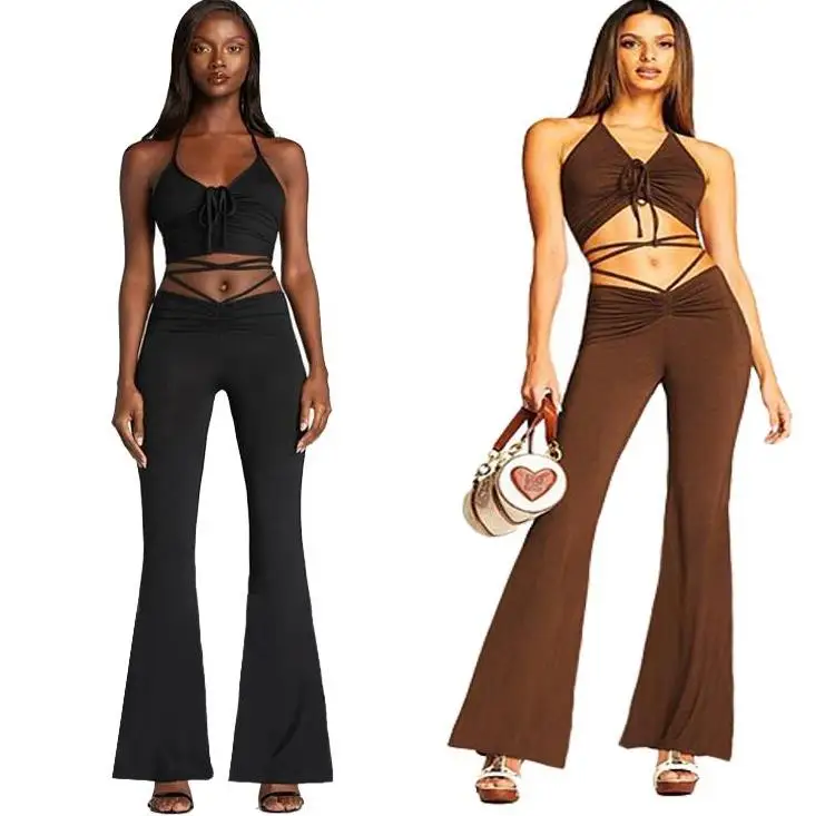 

DUODUOCOLOR Fashion bandage crop top wrinkle bell bottoms solid color trending two piece set women clothing D10488