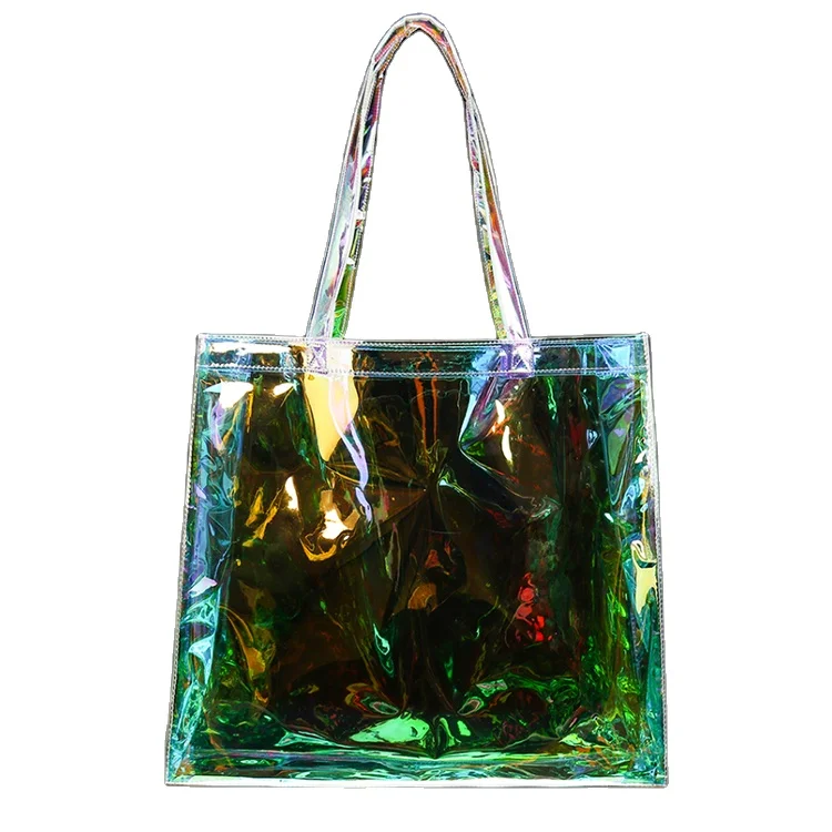 

Large holographic laser women girl transparent clear pvc tote shopping bags