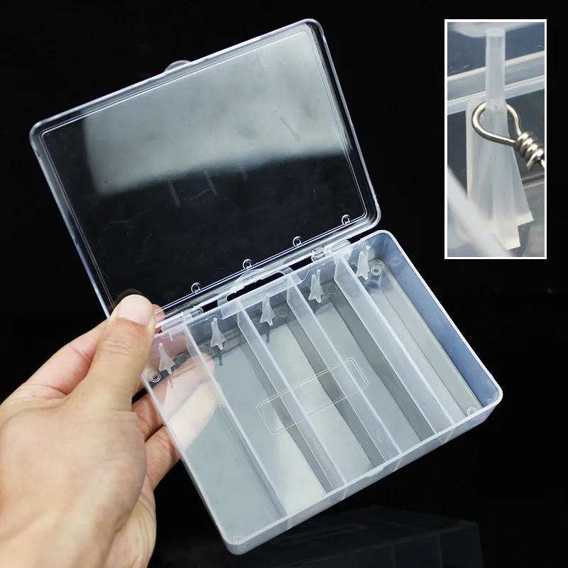 

Weihai supplier 13.5*9 * 2.7cm Large Size Can Hold 5 Bait Fishing Tackle Box 5-Grid Bait Hanging Lure Box Tool Box, White translucent