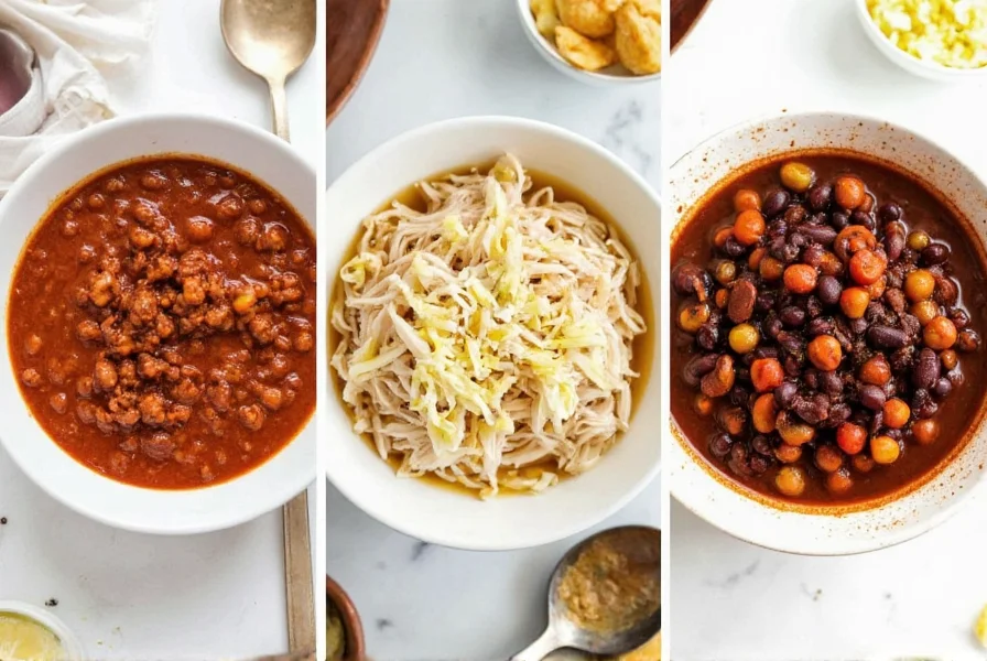 Three variations of chili in bowls: traditional beef chili, white chicken chili, and vegetarian black bean chili