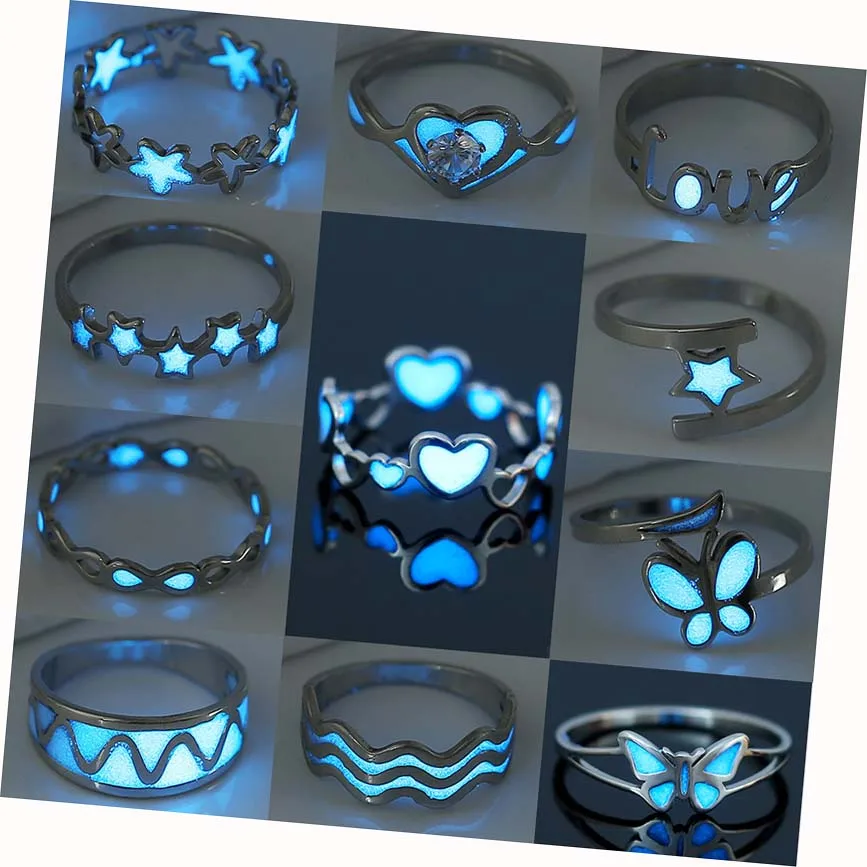 

Stainless Steel Blue Love Heart Butterfly Star Luminous Rings For Women Men Glowing Ring In The Dark Accessories Jewelry