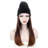 

Attached Slouchy Winter knitted Beanie Hat Wig Brown Long Synthetic Hair Wigs for women