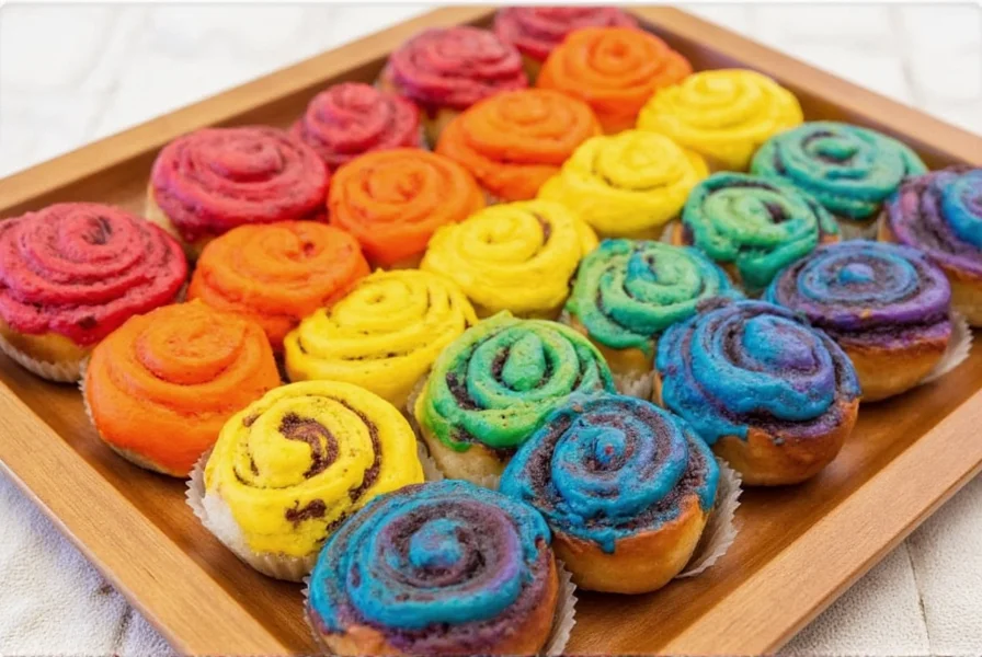 Artisanal cinnamon rolls arranged in rainbow color spectrum on wooden baking tray at Cinnamon Rainbows Hampton bakery