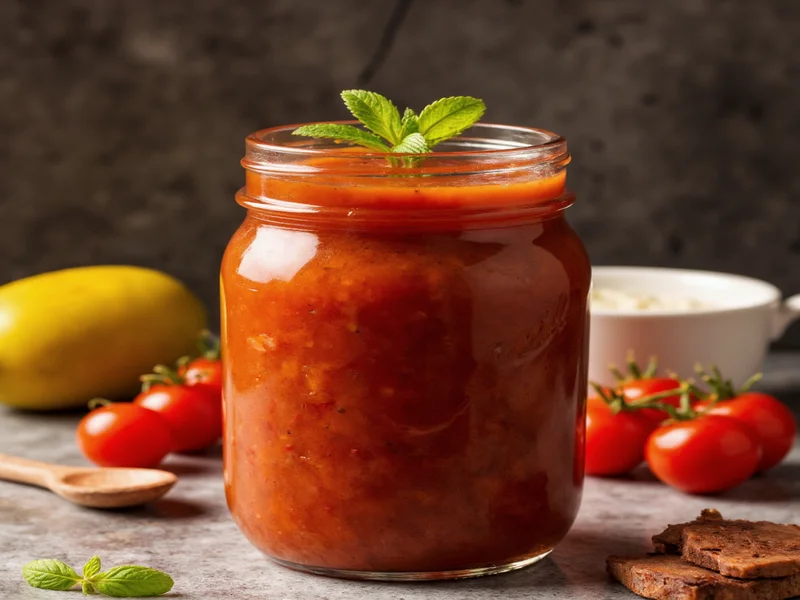 Homemade barbecue sauce in mason jar with fresh ingredients