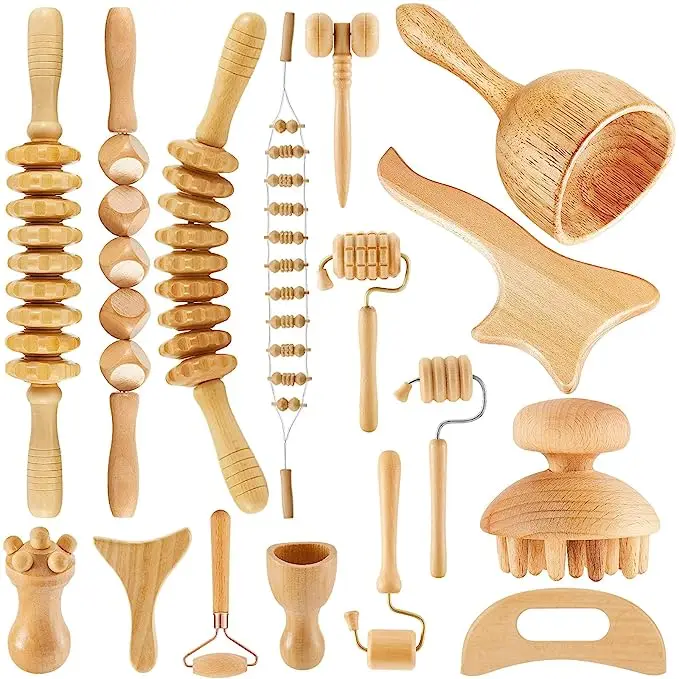 

16Pcs Spain New Full Body Shaping Muscle Pain Relief Traditional Cellulite Wooden massage roller Tiktok Wood Guasha Massage Tool