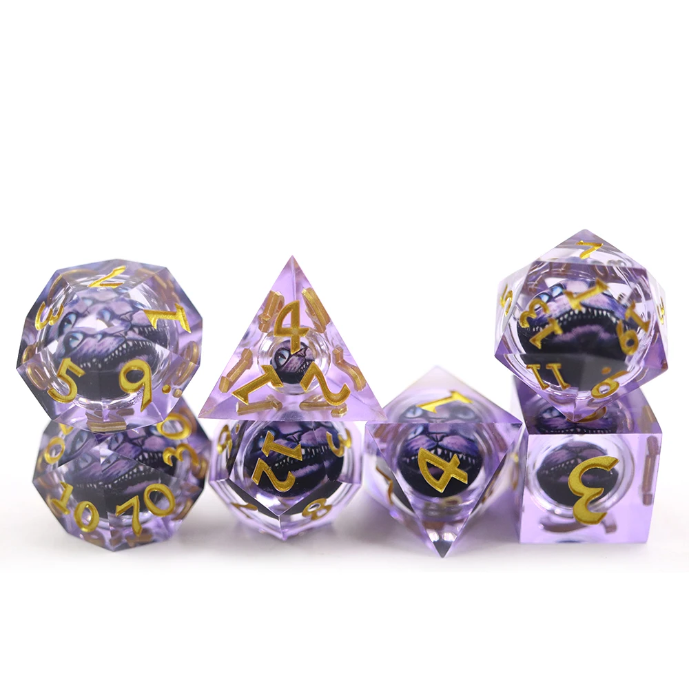 

Wholesale Bulk Transparent Sharp Edge Polyhedral Purple Cat Face 7Pcs Dice Set With Gold Number D4-D20