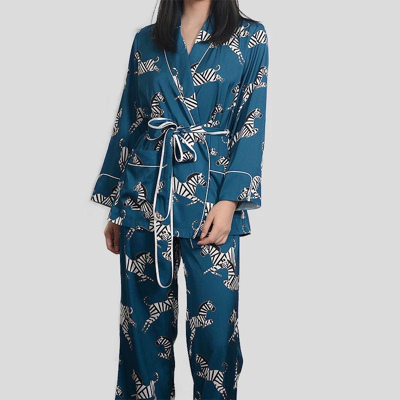 

Guixiu womens Luxury Silk satin sleepwear Set with Robe zebra sleepwear sets Two Piece Sleepwear with Long Sleeves