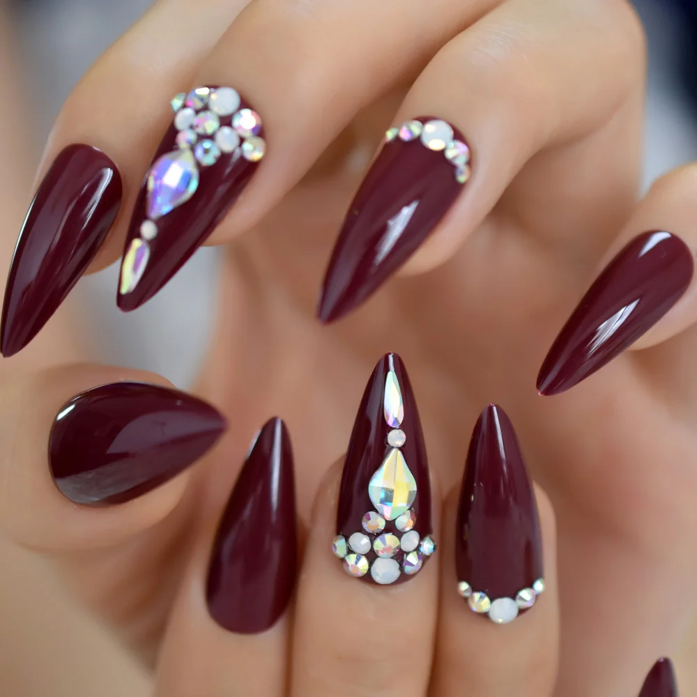 

Gloosy Surface Tips Deep Red With Stone Long Stiletto Press on False Nail For Party With Adhesive Tabs
