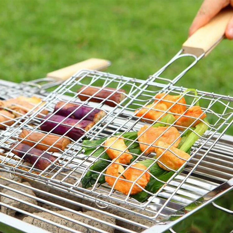 

Dropshipping Stainless steel outdoor barbecue tools wooden handle square grill net BT052R, Sliver