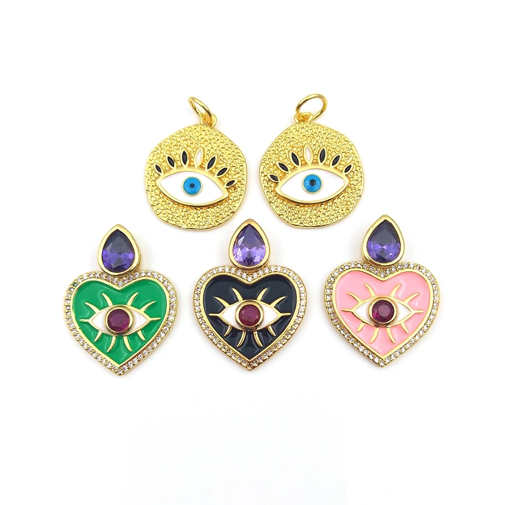 

DIY Jewelry Accessories 18k Gold Plated CZ Micro Pave Evil Eyes Green Black Pink Love Heart enamel Charms Bracelet Connectors, Multi color