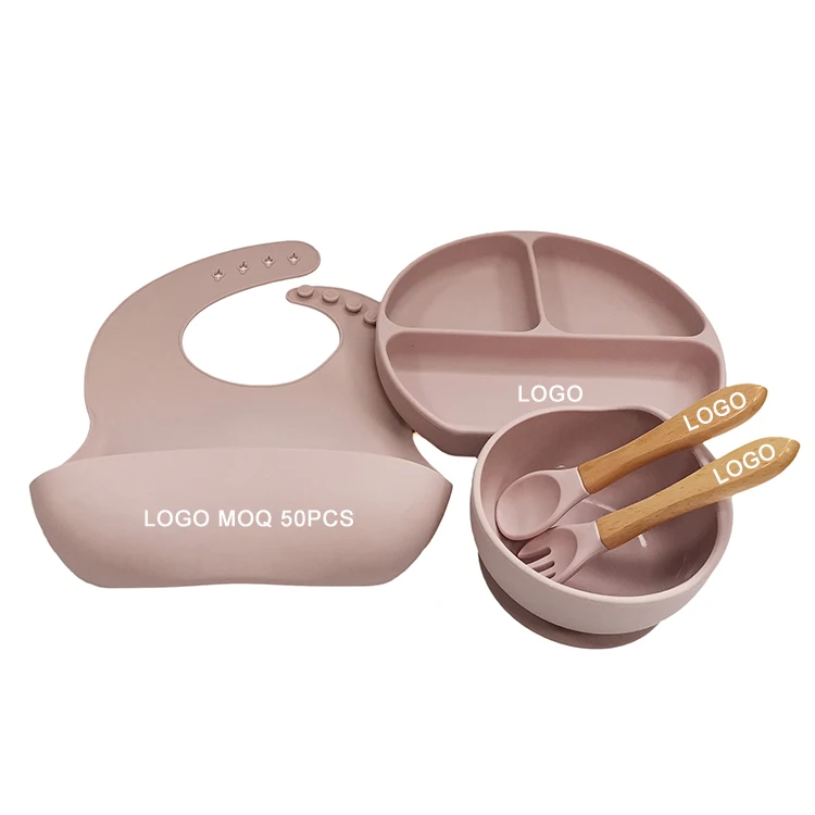 

Custom Logo Kids Feeding Silicone Baby Bowl Set Bib Suction Plate with Wooden Handle Spoon Fork, 12 colors