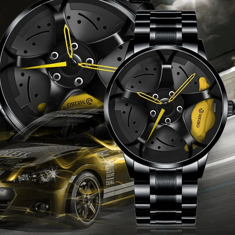 

High Quality Unique Sports Wheel Watches Men Wrist Cool 3D Design Black Rim Car Wrist Watch