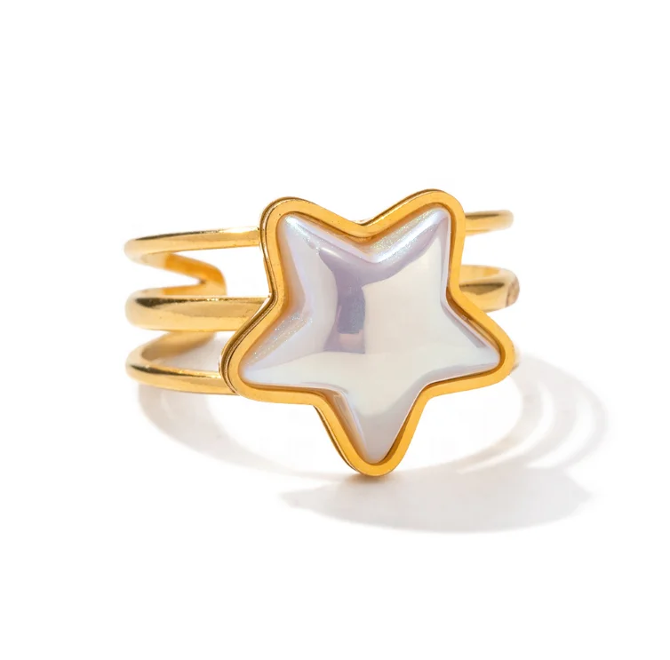 

18K Gold Plated Colorful Pink Mermaid Star Shaped Pearl 3 Layer Stainless Steel Adjustable Opening Rings for Women