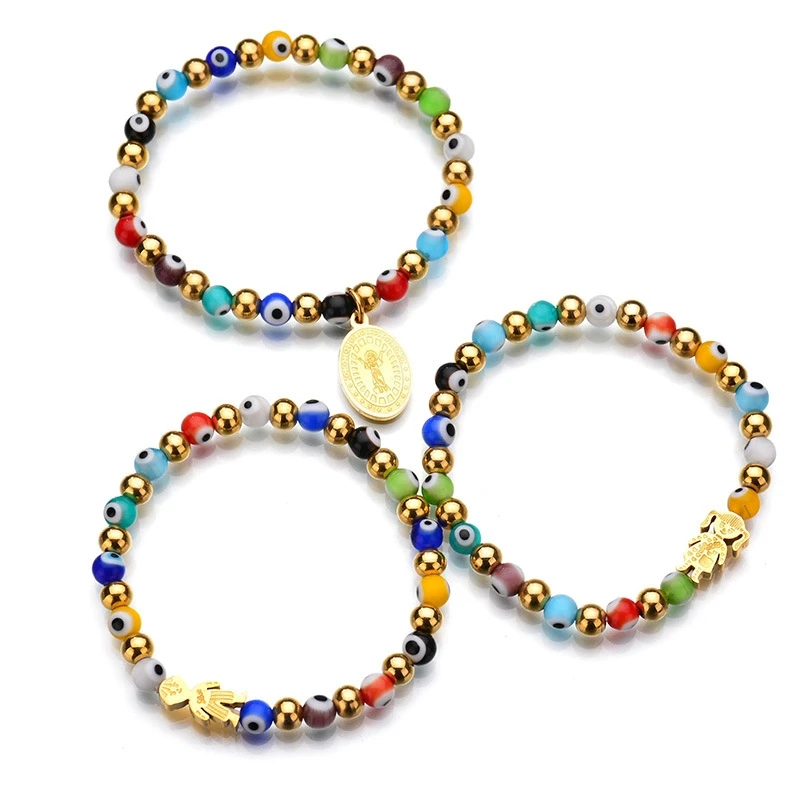 

latest design 18k gold plated Adjustable 6mm Colorful Glass Evil Eyes Stainless Steel Bead Women Bracelet, As picture