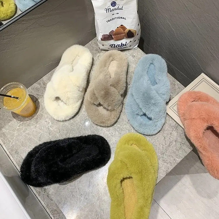 

Wholesale Fashion Woman Winter House Slipper Warm Faux Fur Slides Cozy Home Fur Slippers