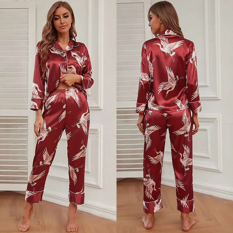 

Wholesale Summer Silk Ice Silk Pajamas Ladies Long-sleeved Trousers Suit Sleepwear Silk Women Pajamas, Customized color