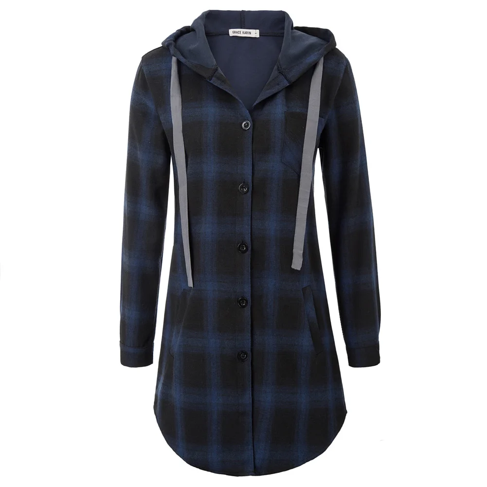 gk 女装休闲网格图案长袖弧形下摆连帽外套上衣 claf0432