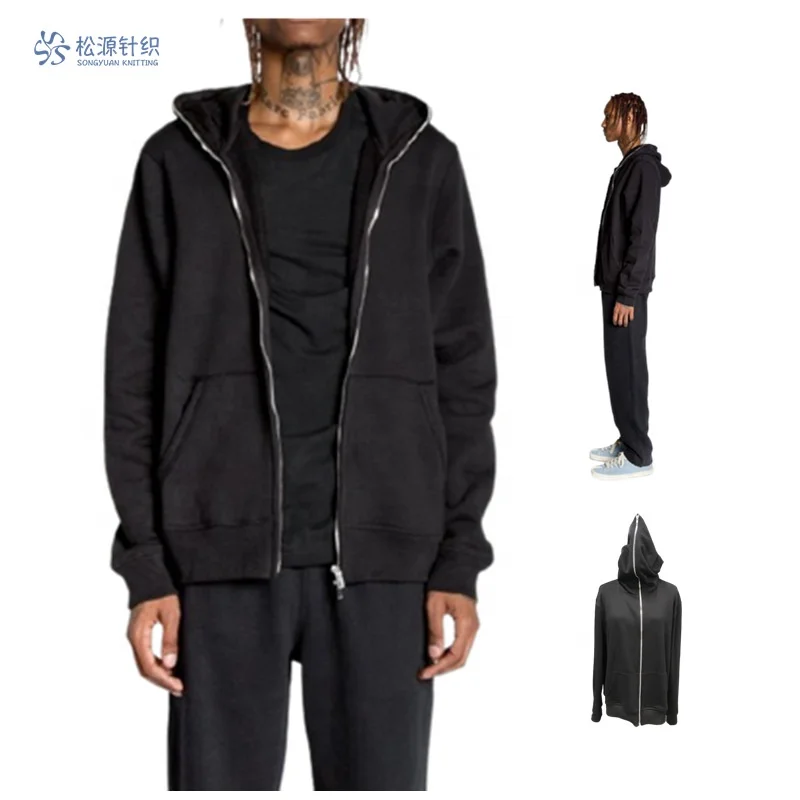 

100% cotton black plain blank full face zip up hoodie