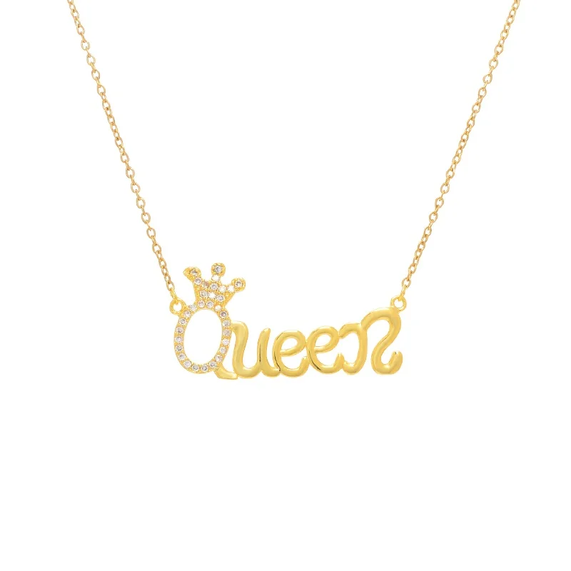 

XL89666 Fashion design gold plated brass zircon women jewelry QUEEN letter pendant necklaces